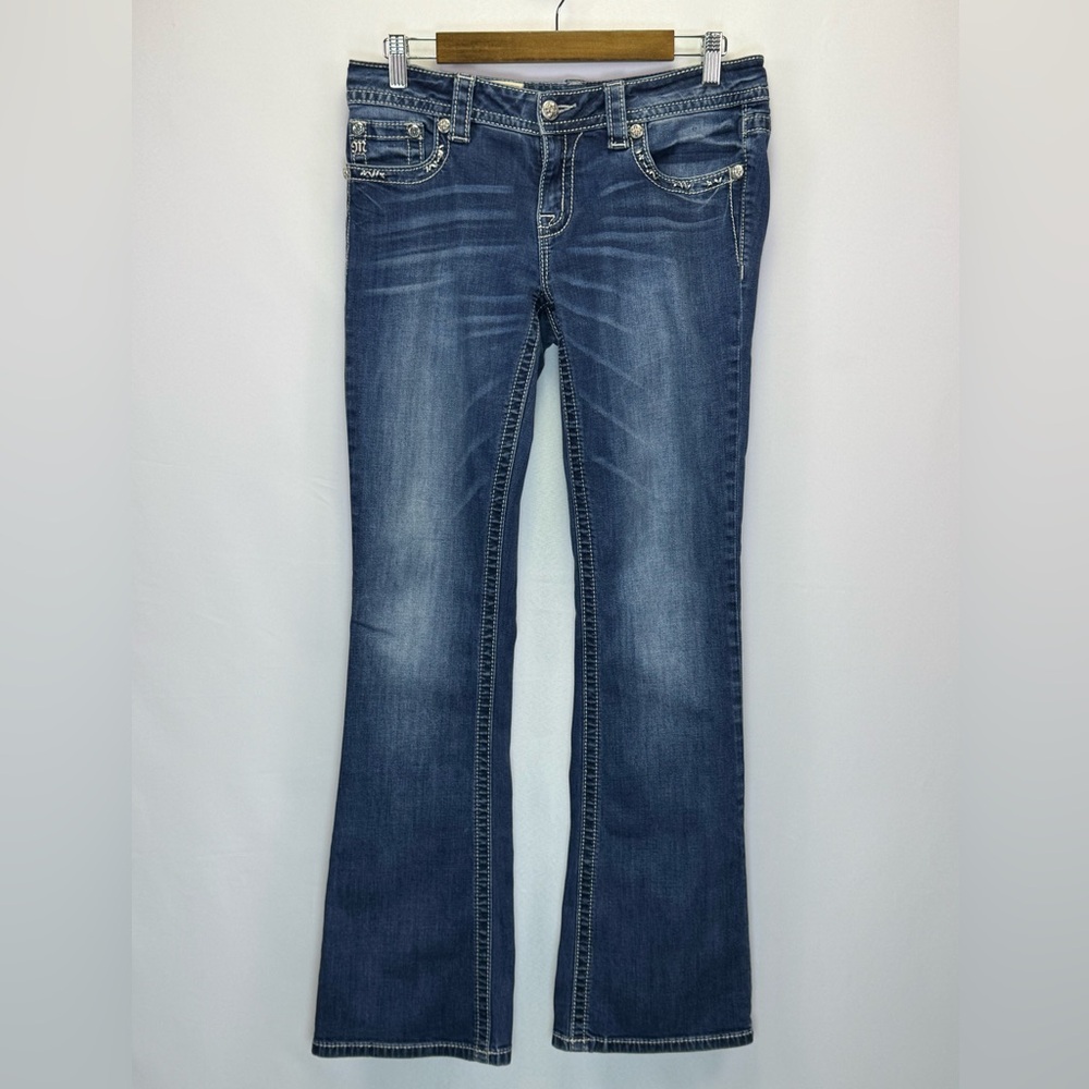 Miss Me Cross Rhinestone Embroidered Signature Low Rise Boot Jeans 29